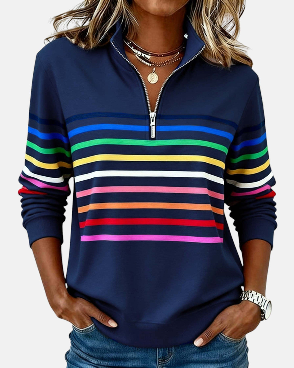 Rainbow striped zip sweatshirt in multicolor with relaxed fit and flattering vertical stripe design