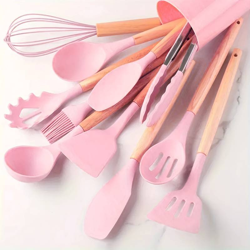 Minimalist 12-piece silicone and wood kitchen utensil set, heat-resistant up to 230°C, natural tones