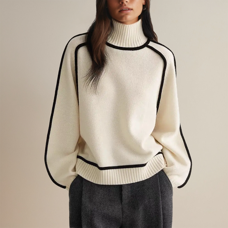 Women's ribbed turtleneck sweater with side stripes, cozy chic winter knit in neutral tone