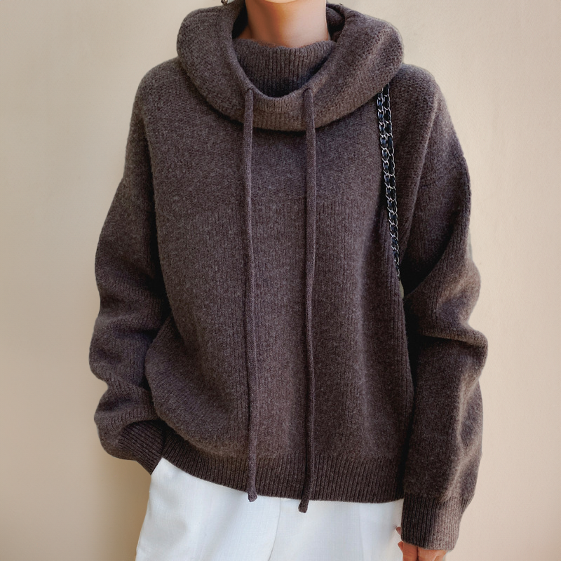 Women's oversized knit sweater cozy high collar drawstring soft long sleeves fall winter style