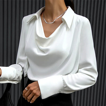 Women's satin blouse draped neckline long sleeve silky finish chic office-to-evening style