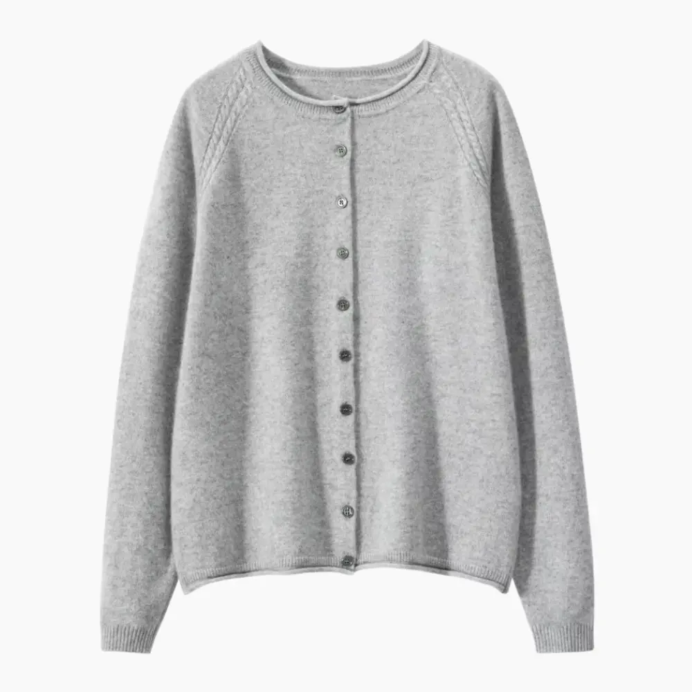 Dahlia ivory cashmere knit cardigan with classic O-neck and long sleeves for effortless layering