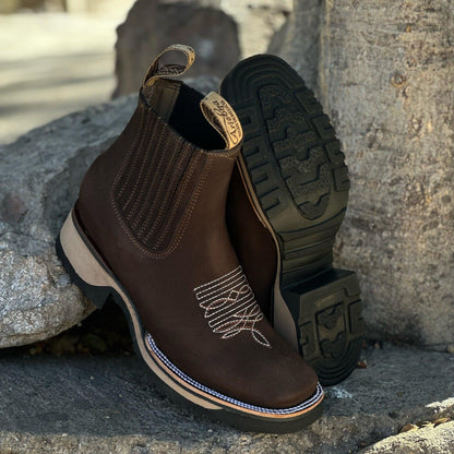 Haven brown leather cowboy boots with classic Western stitching and ergonomic cushioned insole