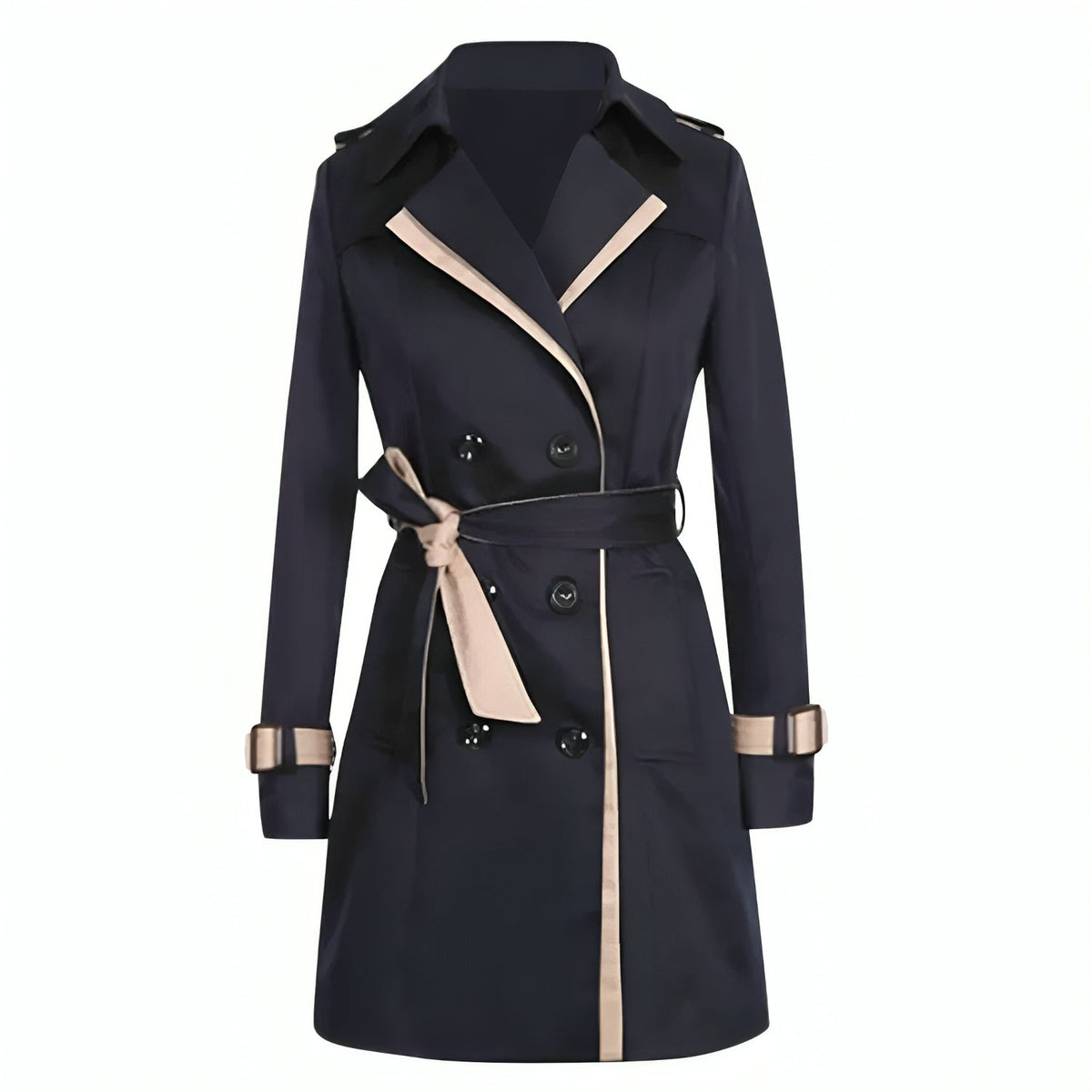 Women's double-breasted trench coat with black trim, structured silhouette for polished city style