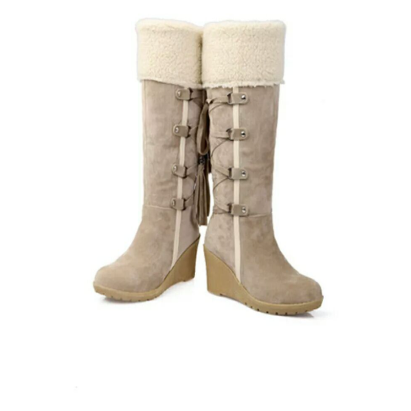 Women's knee-high wedge winter boots with faux-fur cuff, tall silhouette for stylish cold-weather looks