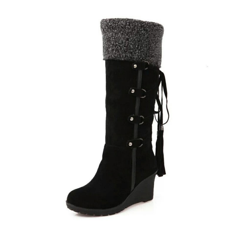 Women's knee-high wedge winter boots with faux-fur cuff, tall silhouette, stylish cold-weather footwear