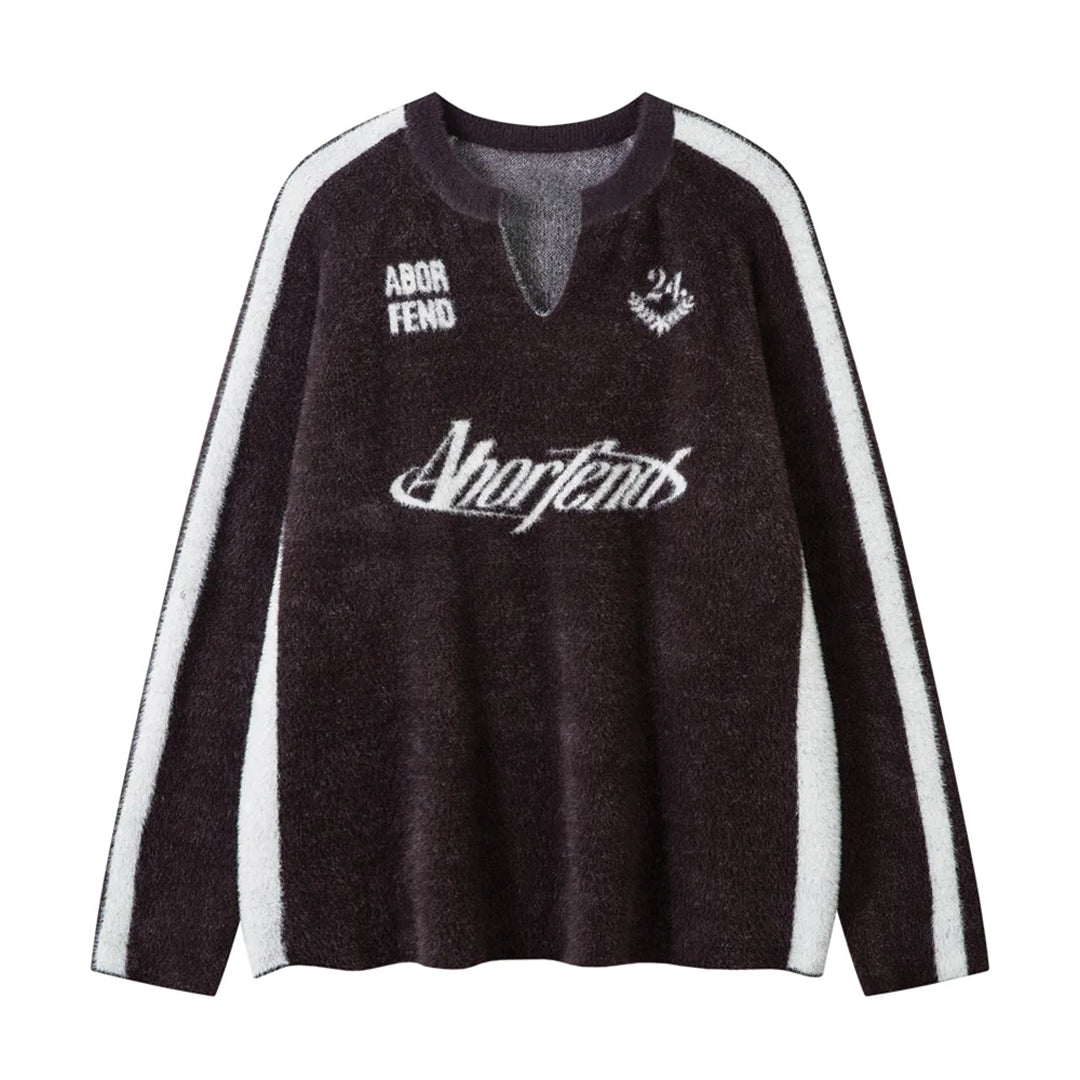 Oversized navy striped V-neck knit jersey with jacquard script graphic detail