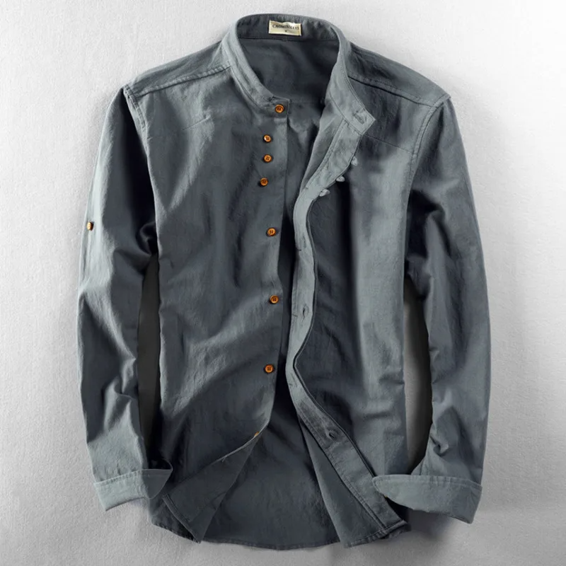 Men's slim fit white linen Mandarin collar shirt with button front and long sleeves for casual wear
