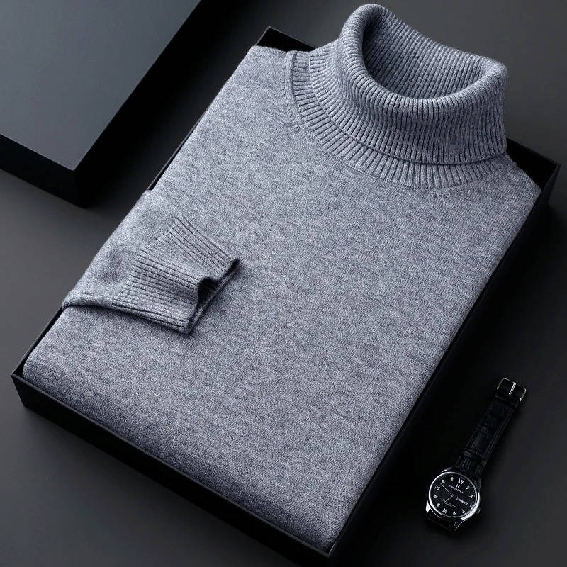Men's black turtleneck sweater slim-fit premium cotton knit with ribbed collar by Wavlynn