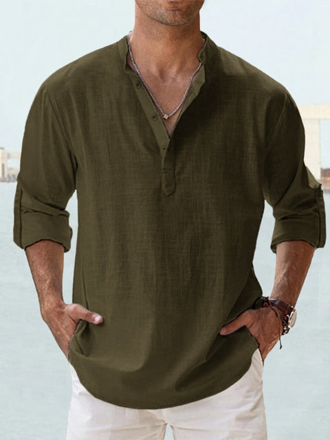 Men's relaxed fit grandad collar shirt long sleeves sustainable lightweight fabric casual essential