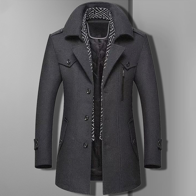 Patrick mens brown wool blend double breasted military overcoat with structured tailoring by Wavlynn