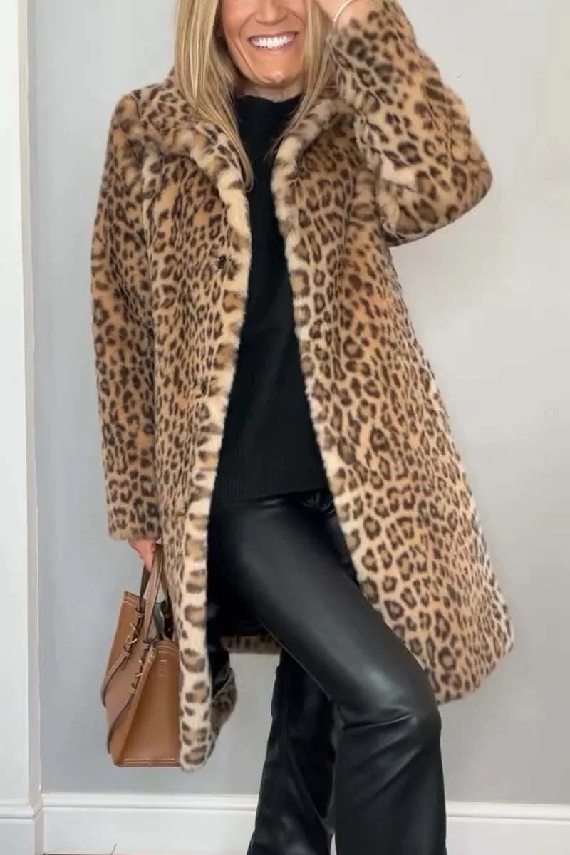 Unisex mid-length leopard print faux fur coat with soft plush texture and cozy stretch comfort