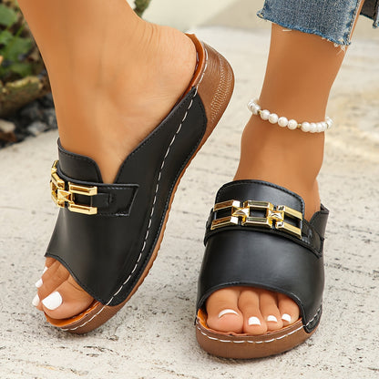Women's cushioned slide sandals with gold-link accents, sleek silhouette for all-day comfort