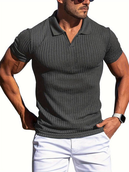 Men's slim fit ribbed knit polo shirt short sleeve cotton blend casual stylish everyday wear