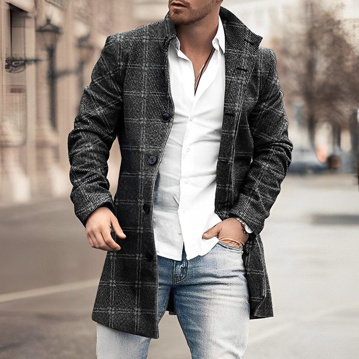 Men's long charcoal winter overcoat classic button-up closure streamlined silhouette by Wavlynn