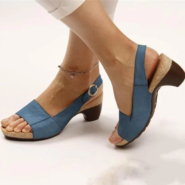 Women's block heel slingback sandals with peep-toe silhouette and adjustable buckle strap