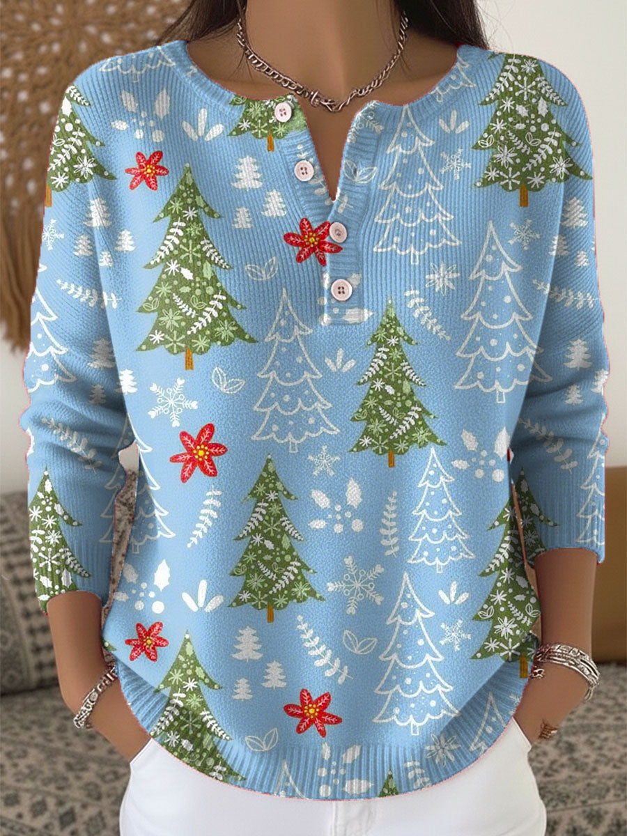 Red Christmas sweater with button-front closure, festive holiday print, cozy relaxed fit