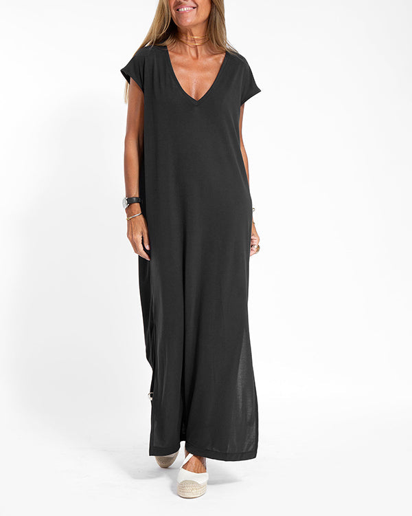 Terracotta red women's V-neck maxi dress with relaxed flowing silhouette and side slit detail