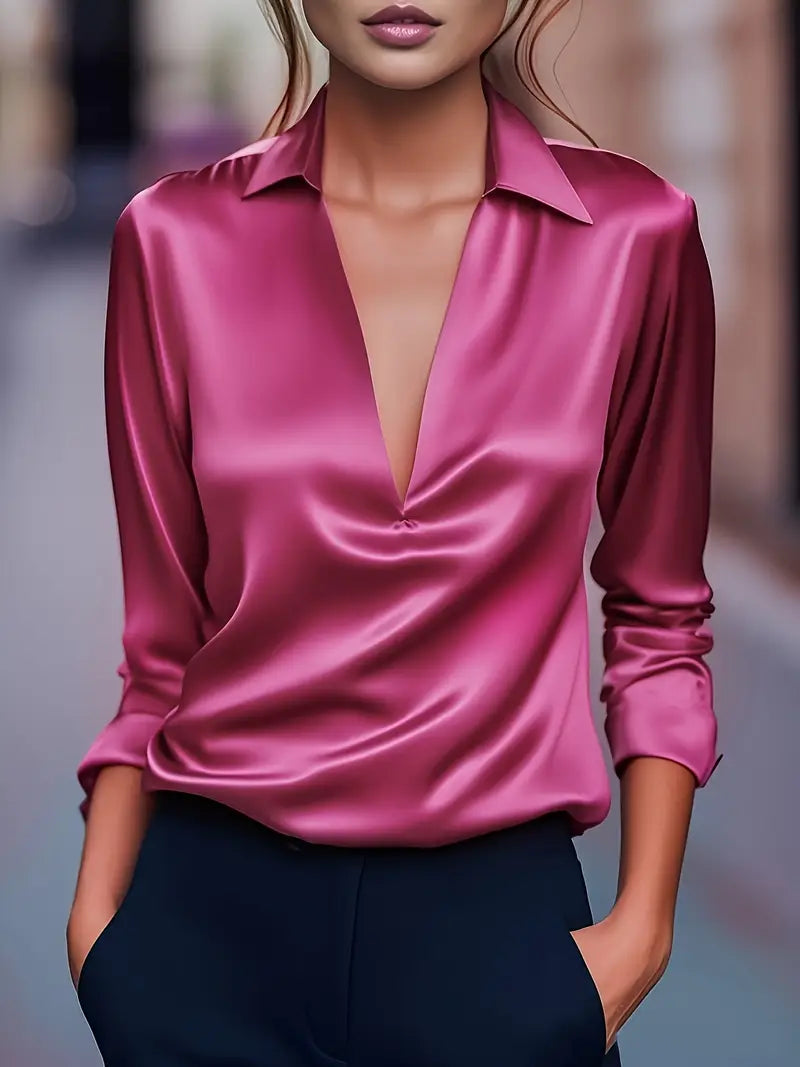 Premium satin V-neck blouse with graceful drape and slimming neckline for an elegant silhouette