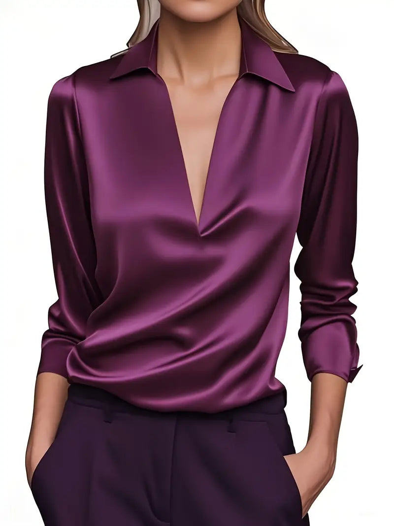 Premium satin V-neck blouse with graceful drape and slimming neckline for an elegant silhouette