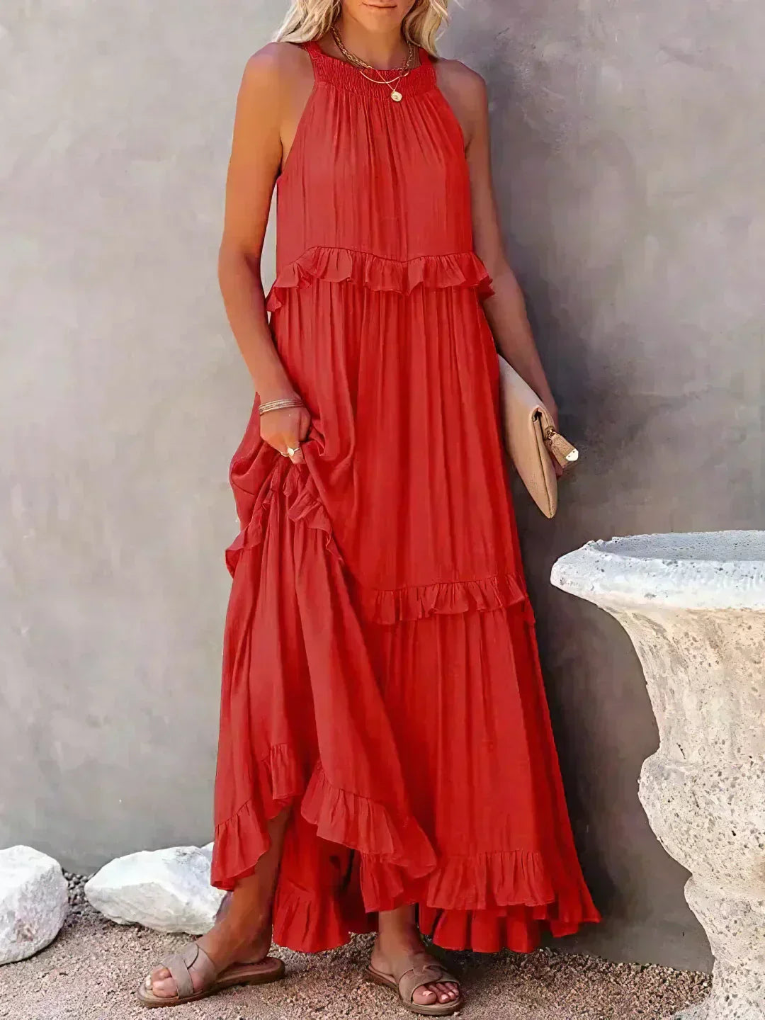 Elegant sleeveless dress with delicate ruffle accents, feminine silhouette for special occasions