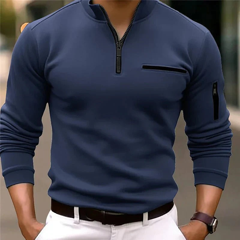 Sterling men's navy long-sleeve polo shirt tailored fit with ribbed collar and cuffs