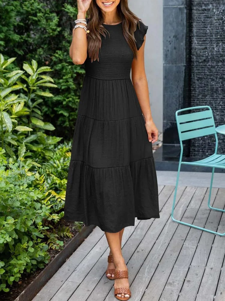 Women's elegant draped tummy control dress with slimming front gathering for a flattering silhouette