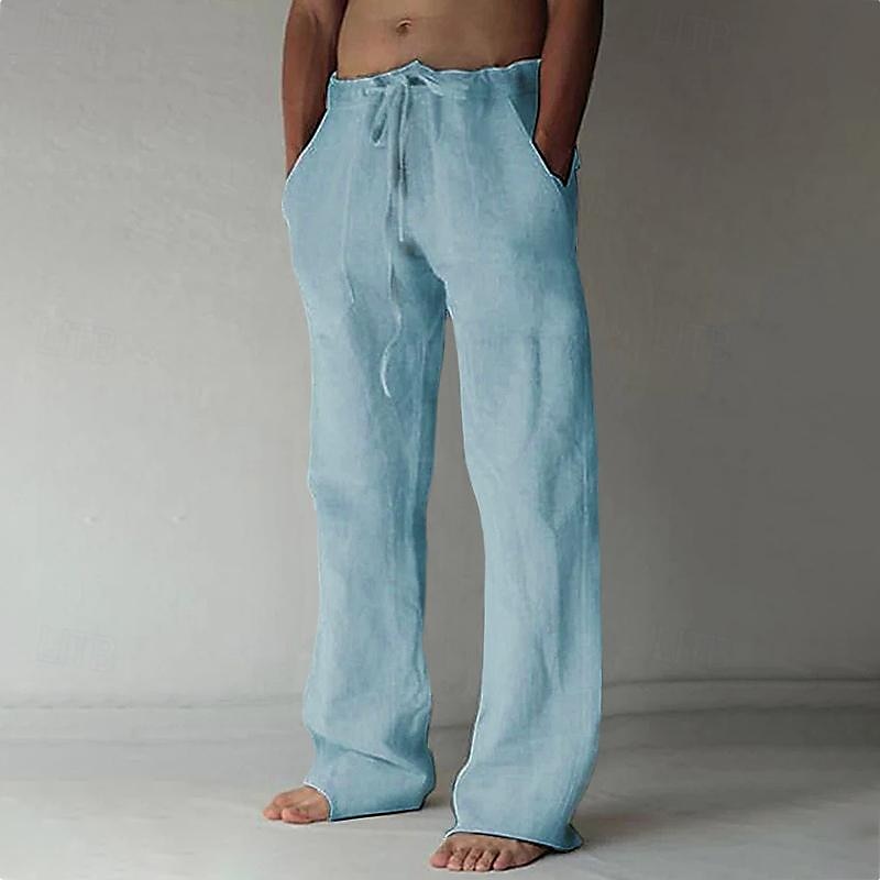 Men's light beige linen pants loose fit drawstring waist breathable casual summer trousers