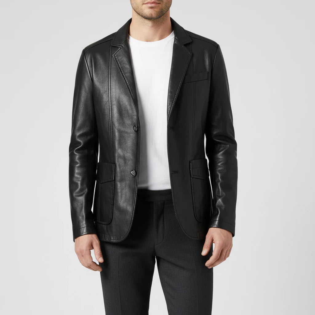Men's brown leather blazer notch lapel patch pockets modern slim fit professional premium jacket