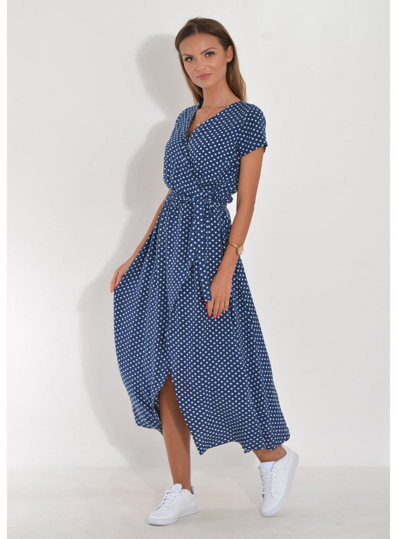 Women's polka dot maxi wrap dress with short sleeves and adjustable waist for a flattering silhouette