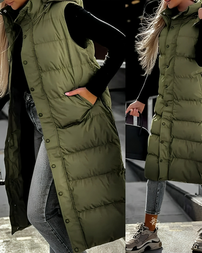Women's long padded winter coat in neutral tone, sleek silhouette with versatile everyday layering design