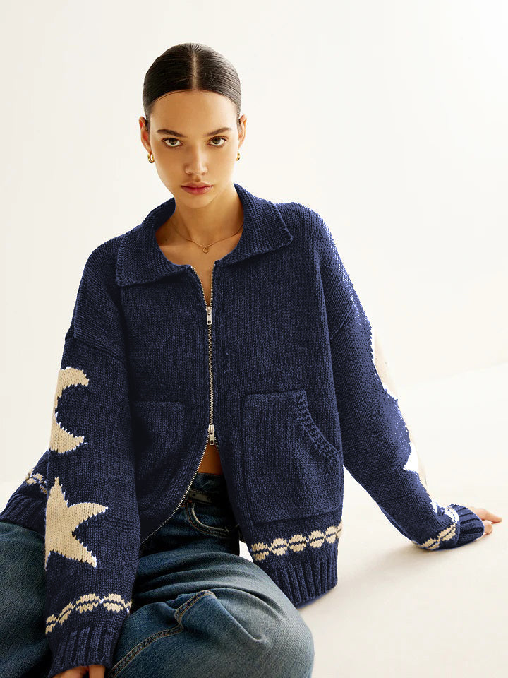 Warm knit jacquard lapel cardigan with double zip pockets, casual elegant shift fit high stretch