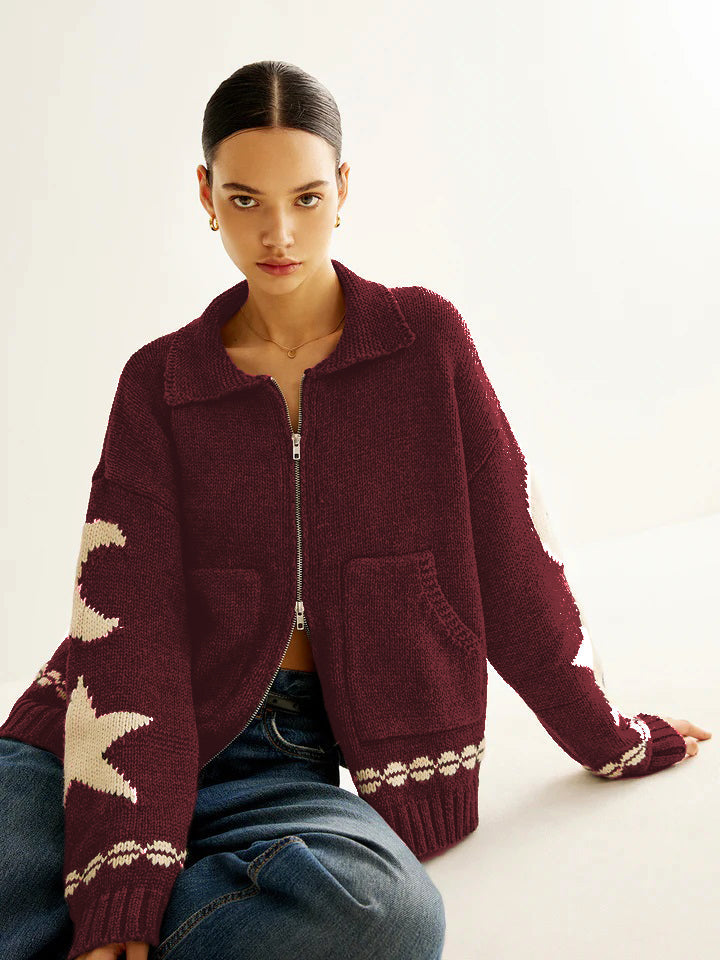 Warm jacquard knit cardigan with lapel collar, double-zip pockets, casual elegant shift fit