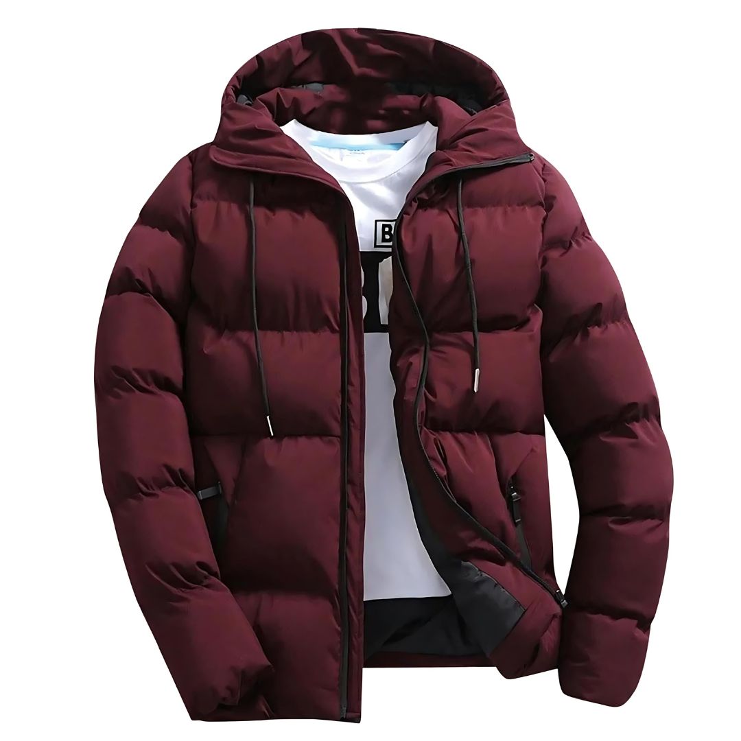Men's navy quilted puffer jacket with drawstring hood, hip-length fit, and secure zipper pockets