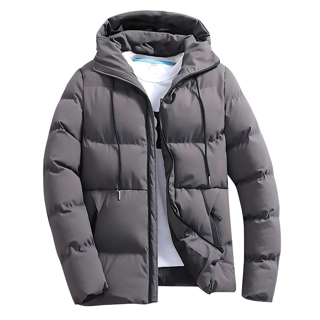 Men's black quilted puffer jacket with hooded drawstring and secure zipper pockets hip-length fit