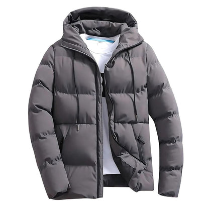 Men's black quilted puffer jacket with hooded drawstring and secure zipper pockets hip-length fit