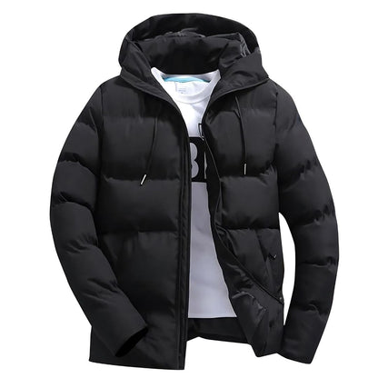 Men's black quilted puffer jacket with drawstring hood and secure zipper pockets hip-length fit