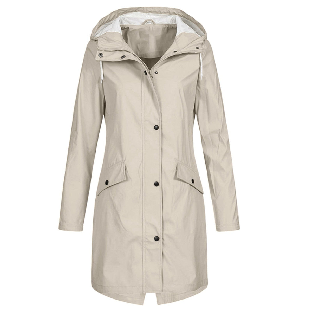 Women's long-fit hooded rain jacket, lightweight water-resistant snap front, neutral tone