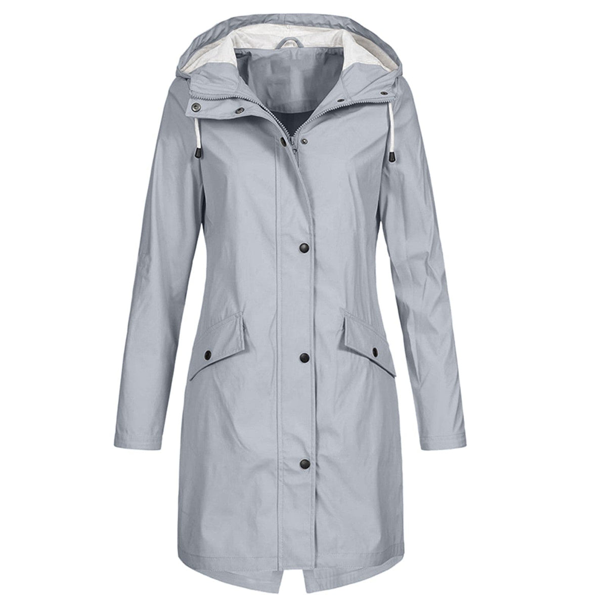 Women's lightweight long-fit hooded rain jacket with snap front closure, water-resistant fabric