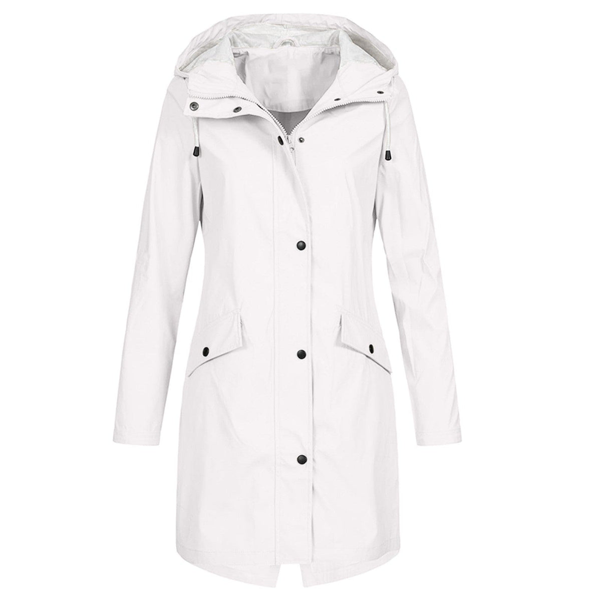 Women's lightweight long hooded rain jacket, water-resistant snap front, sleek everyday outerwear