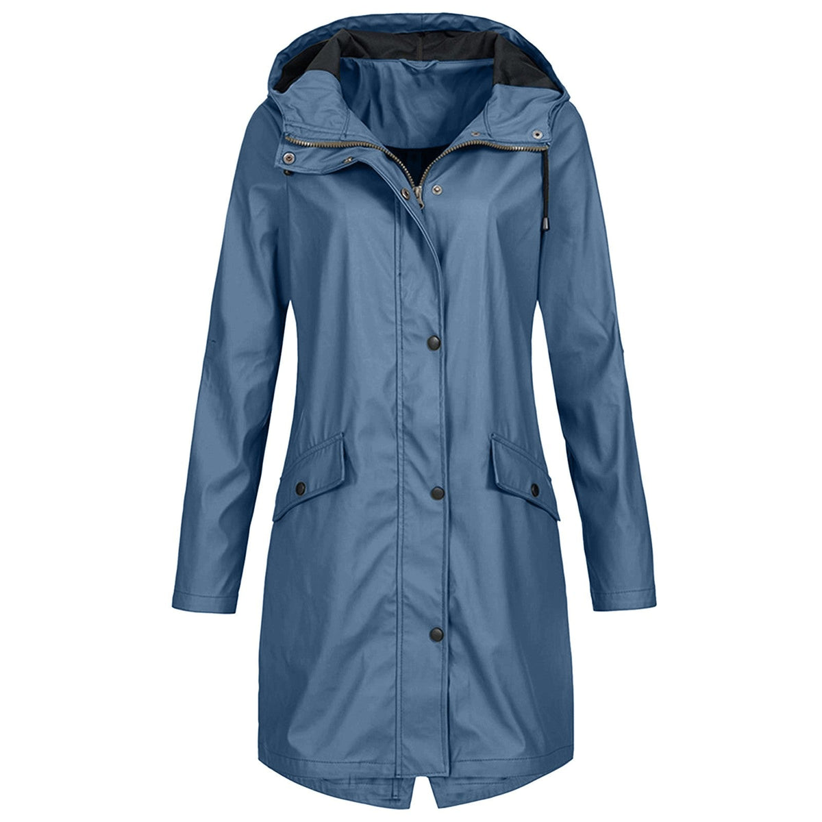 Women's lightweight long hooded rain jacket, water-resistant snap front, sleek everyday outerwear
