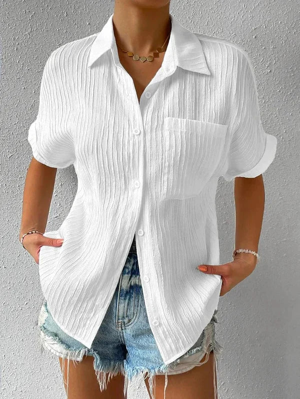 Women's relaxed fit short-sleeve button-up shirt, light breathable fabric with chest pocket