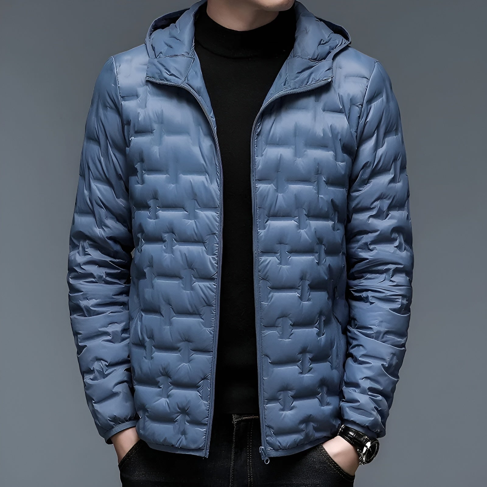 Alpine Summit lightweight hooded down jacket in minimalist style, slim silhouette, 90% duck down fill