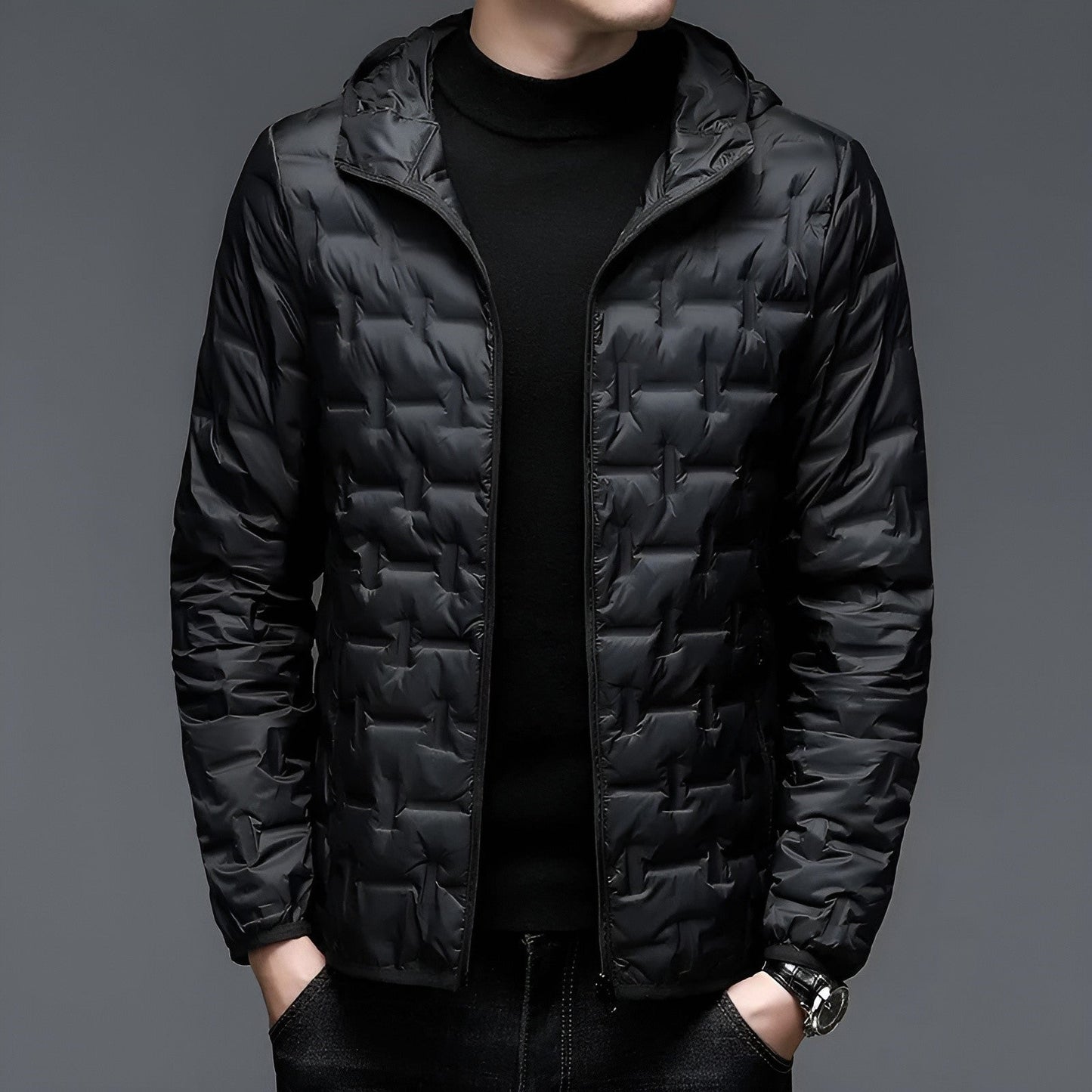Alpine Summit lightweight hooded down jacket in minimalist style with slim silhouette and 90% duck down fill