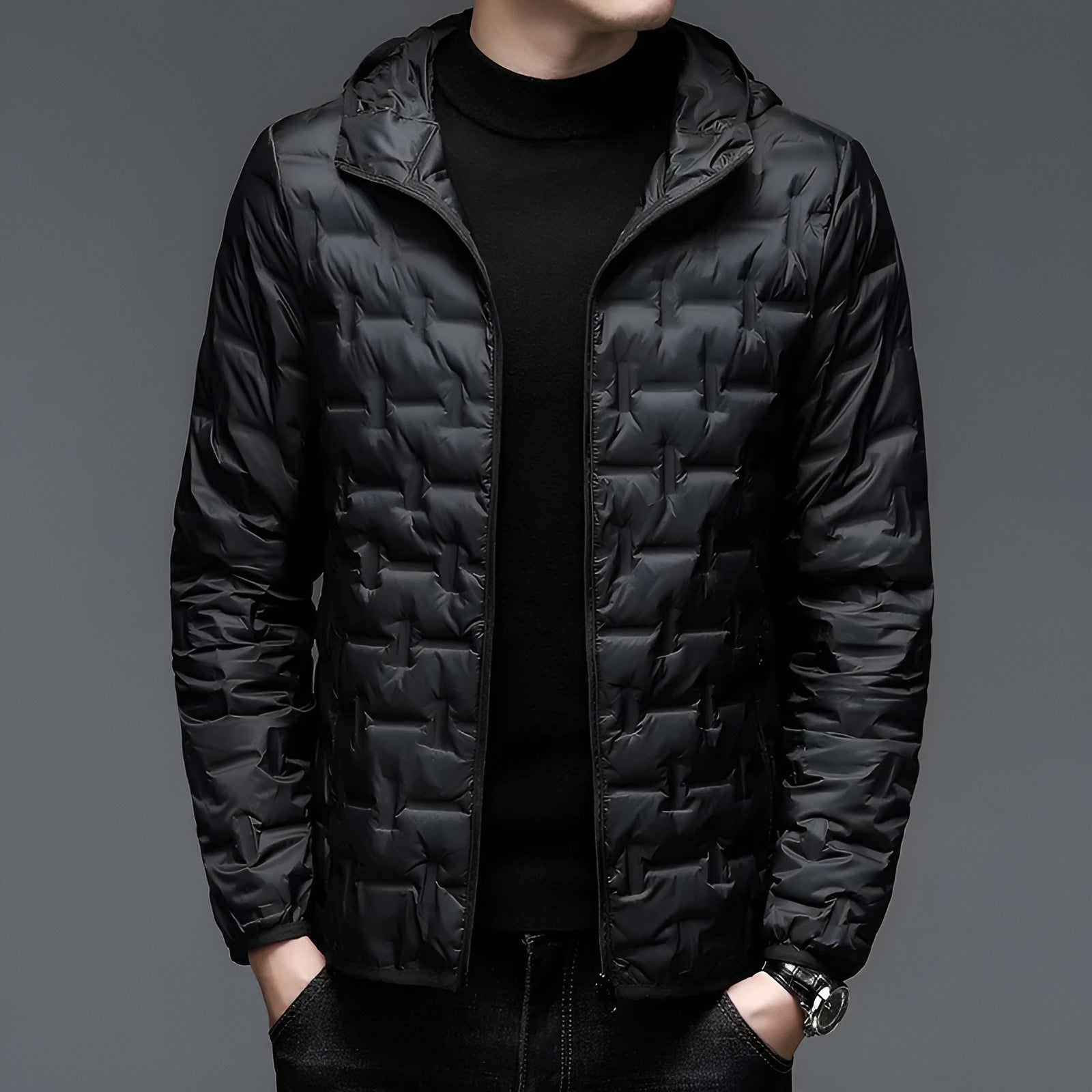 Alpine Summit lightweight hooded down jacket in minimalist style with slim silhouette and 90% duck down fill