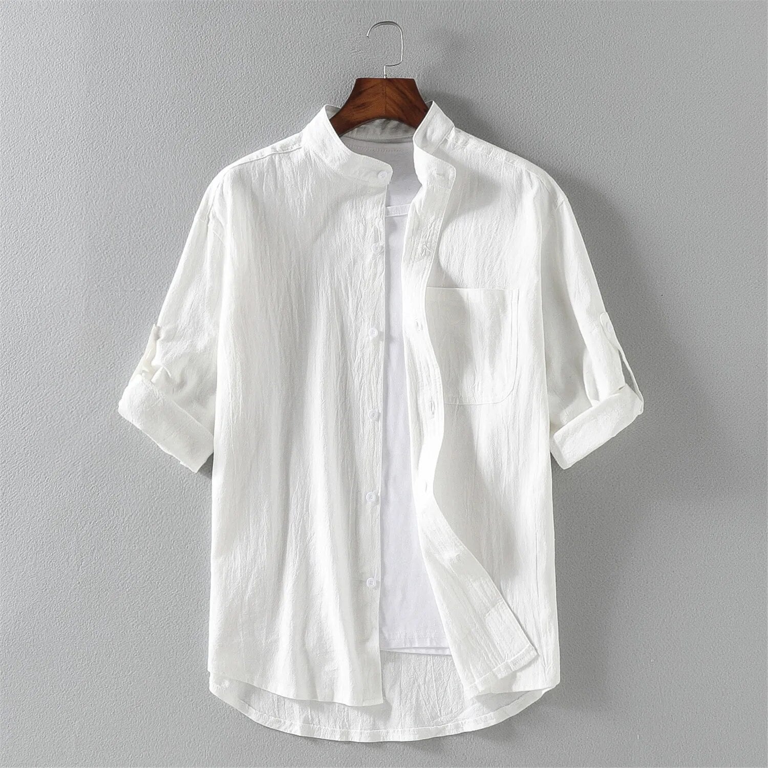 Wavlynn men's lightweight cotton blend shirt Mandarin collar long sleeve with chest pocket