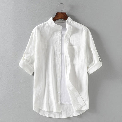 Wavlynn men's lightweight cotton blend shirt Mandarin collar long sleeve with chest pocket