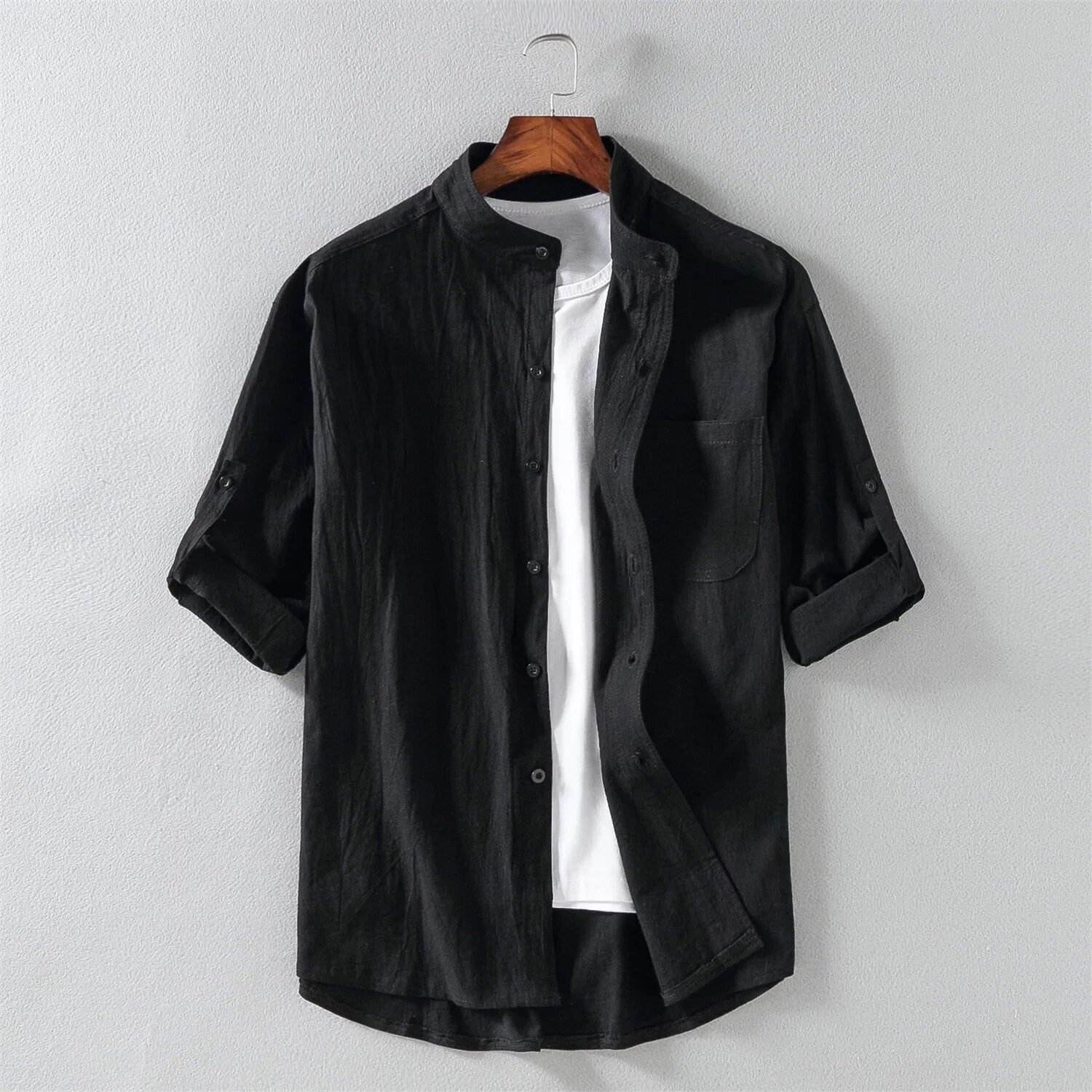 Wavlynn men's lightweight cotton blend shirt Mandarin collar long sleeve with chest pocket