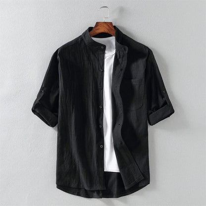 Wavlynn men's lightweight cotton blend shirt Mandarin collar long sleeve with chest pocket