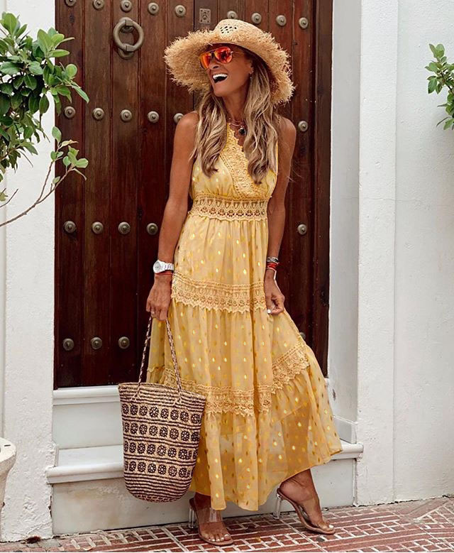 Women's sleeveless maxi dress flowy fit cotton blend with delicate lace embroidery lightweight summer